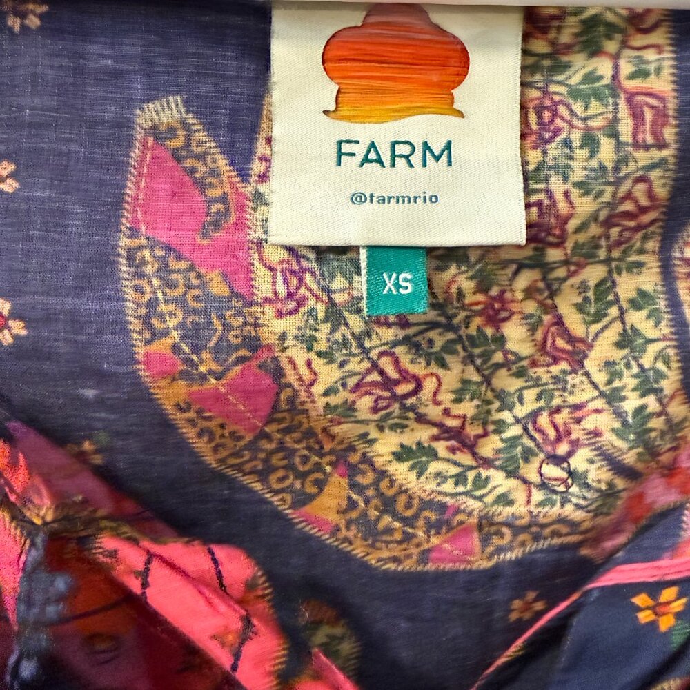 Farm Rio Patchwork Bananas Tie Front Embroidered Boho Navy Blouse Women size XS - Picture 6 of 12